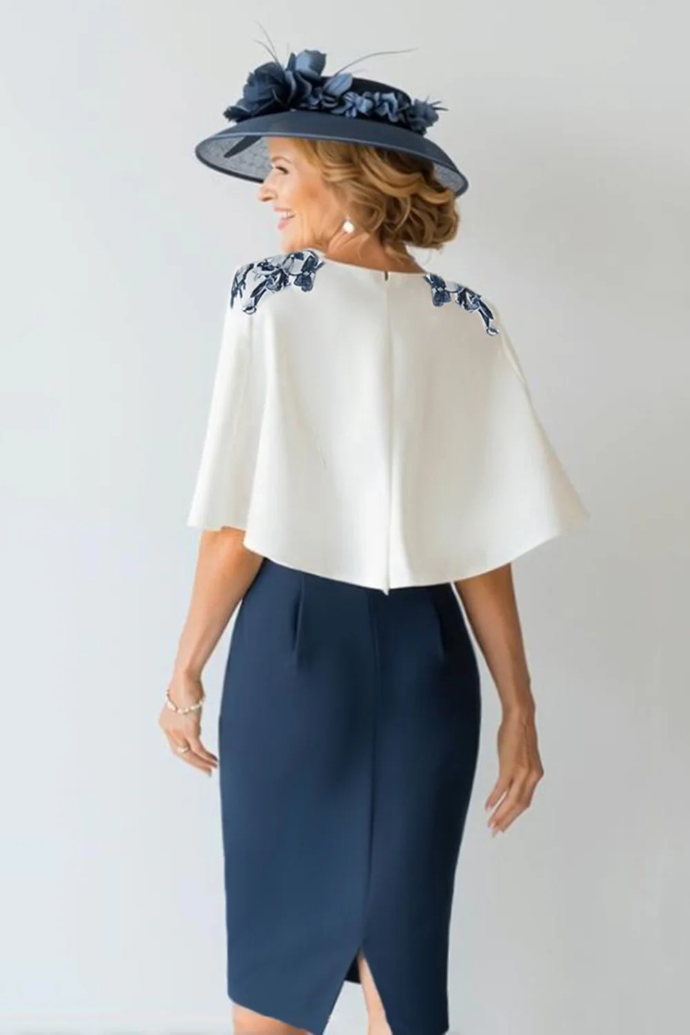2-częściowa kwiecista granatowa satynowa sukienka bodycon dla matki panny młodej - Image 2