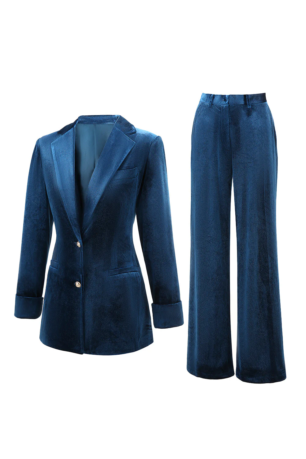 2-częściowe damskie garnitury damskie Peacock Blue Velvet z nacięciami - Image 3
