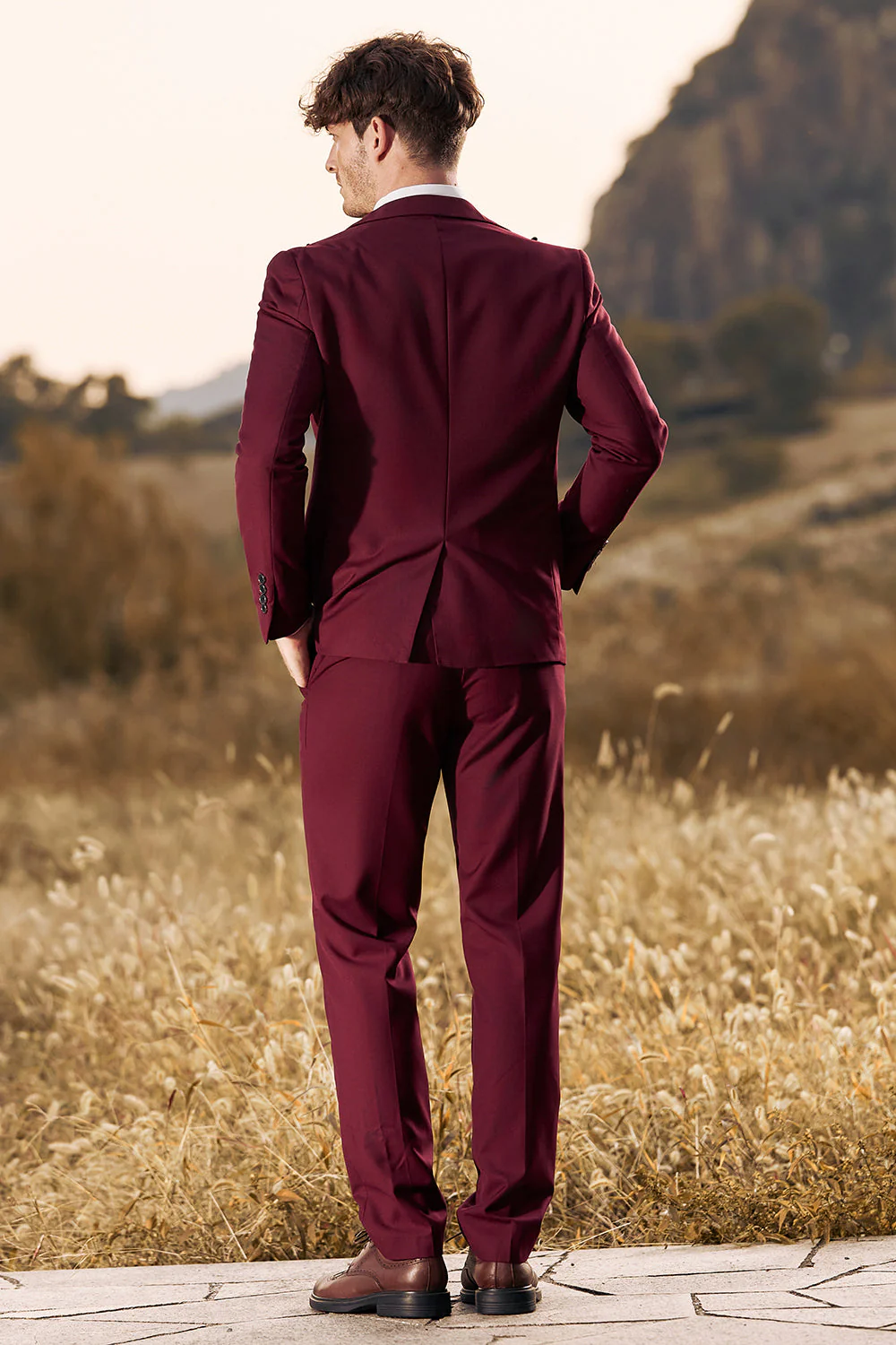 3-częściowe męskie garnitury balowe Peak Lapel Burgundy - Image 2