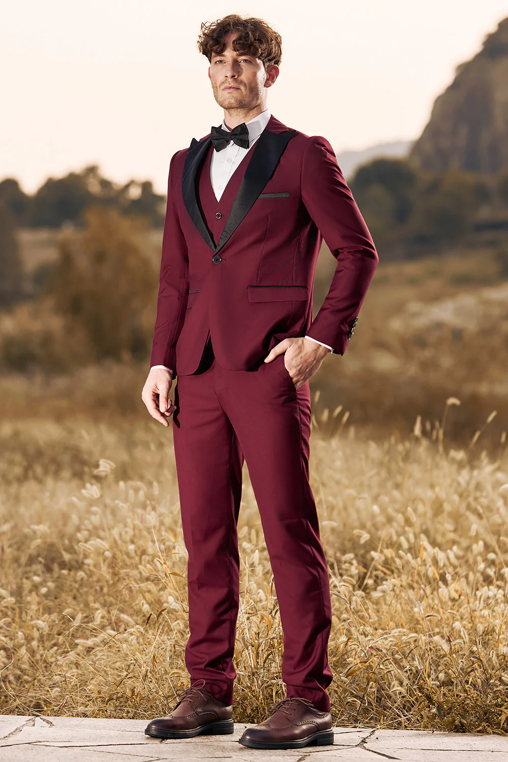 3-częściowe męskie garnitury balowe Peak Lapel Burgundy - Image 3