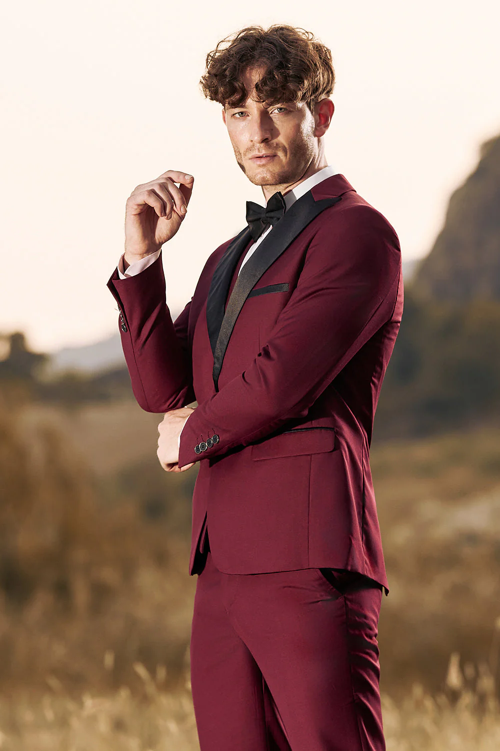 3-częściowe męskie garnitury balowe Peak Lapel Burgundy - Image 4