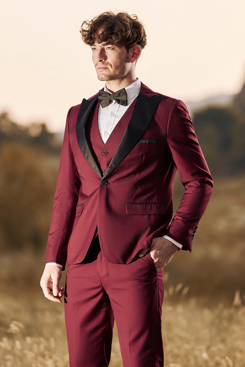 3-częściowe męskie garnitury balowe Peak Lapel Burgundy - Image 5