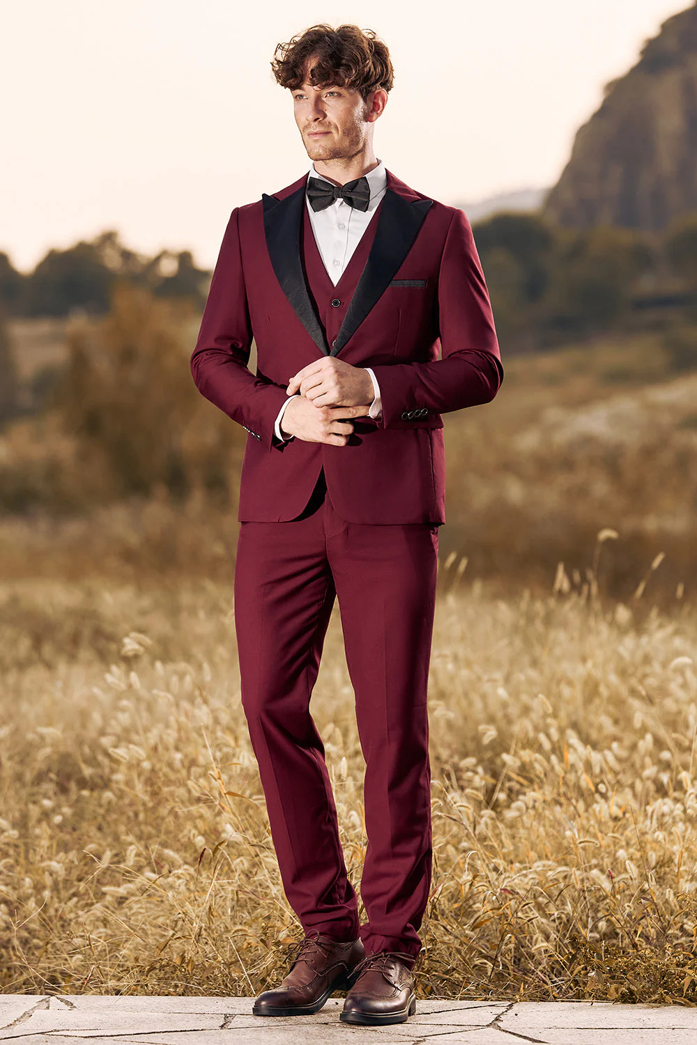 3-częściowe męskie garnitury balowe Peak Lapel Burgundy - Image 6