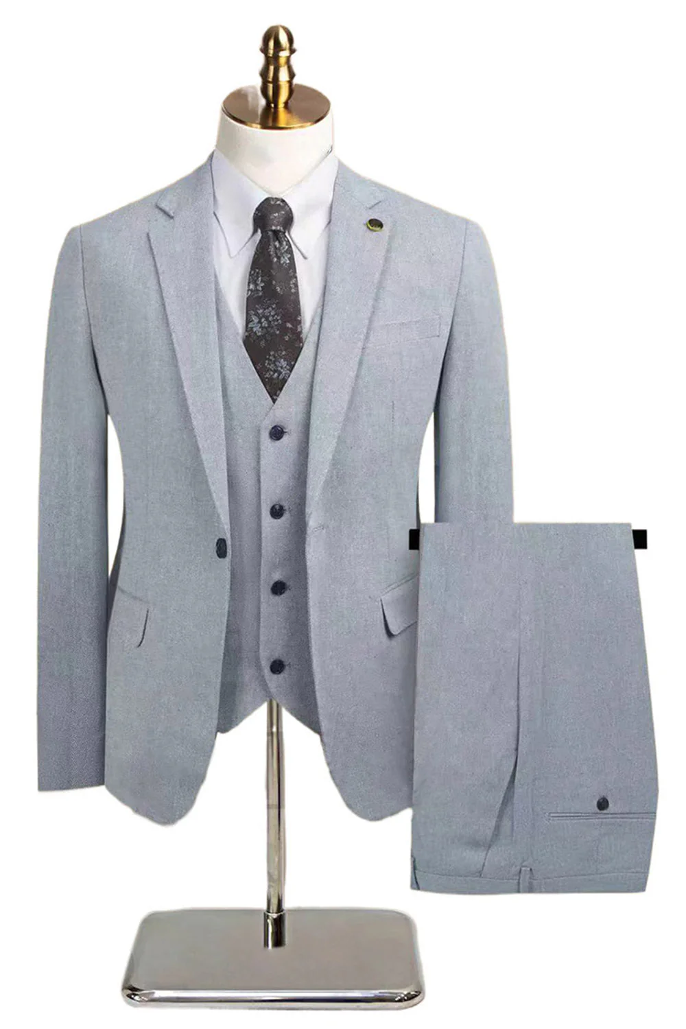3-częściowe męskie szare garnitury z klapami slim fit z wyciętymi klapami - Image 10