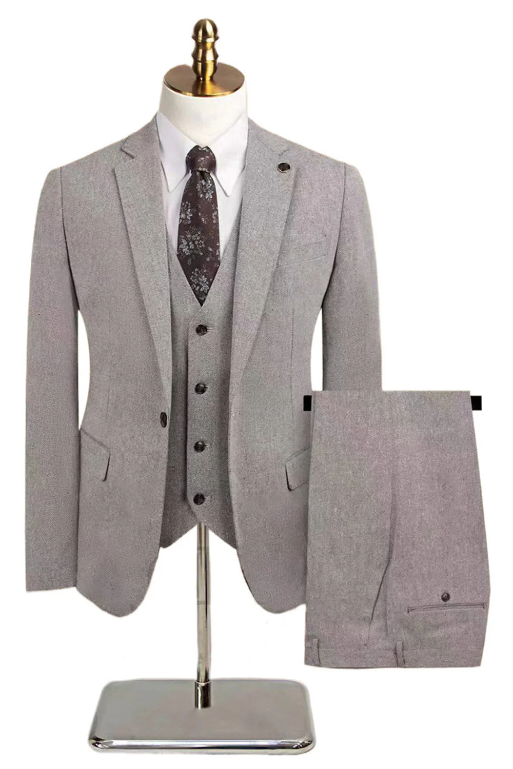 3-częściowe męskie szare garnitury z klapami slim fit z wyciętymi klapami - Image 9