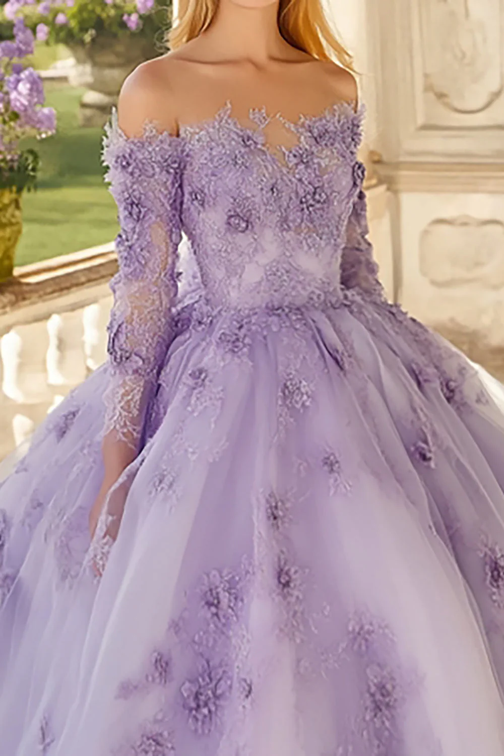 3D Kwiat Długie Rękawy Off The Shoulder Liliowa suknia balowa Quinceanera Dress - Image 2