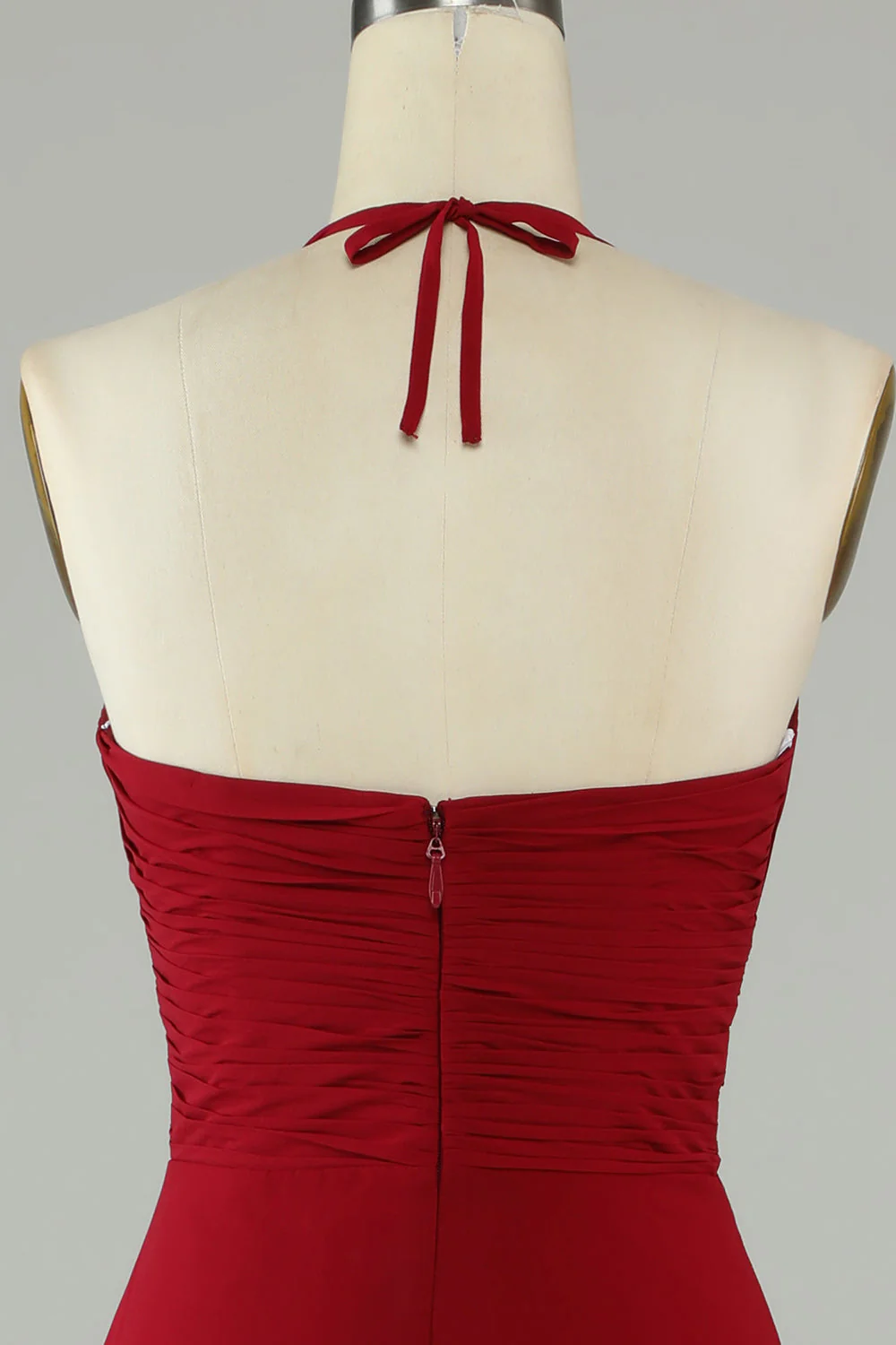 A-Line Halter Bordowa długa sukienka druhny z rozcięciem - Image 5