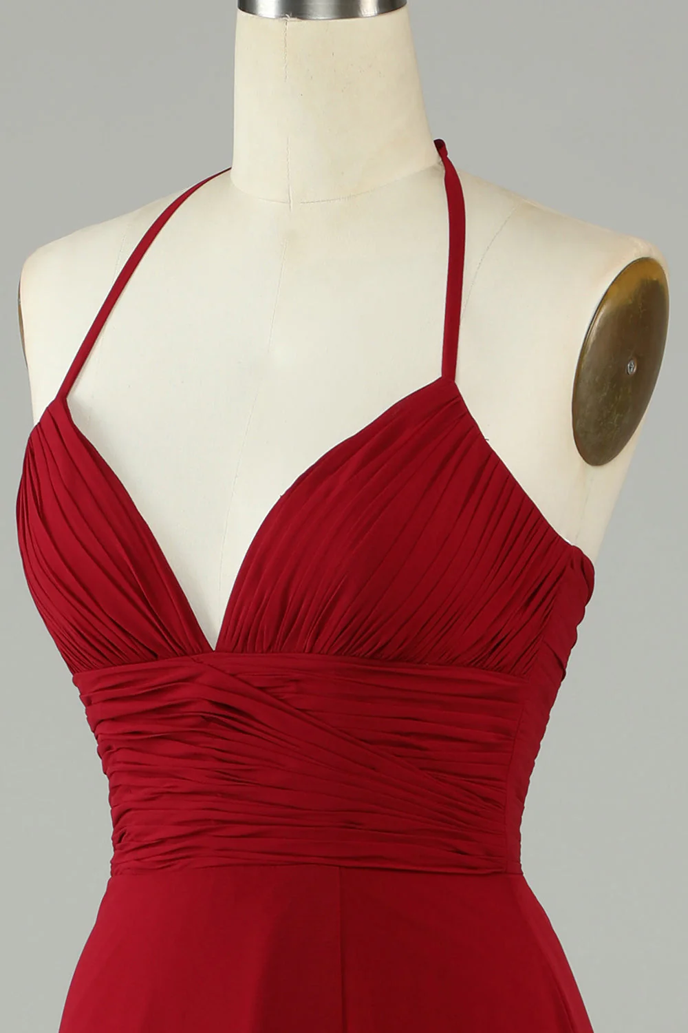 A-Line Halter Bordowa długa sukienka druhny z rozcięciem - Image 6
