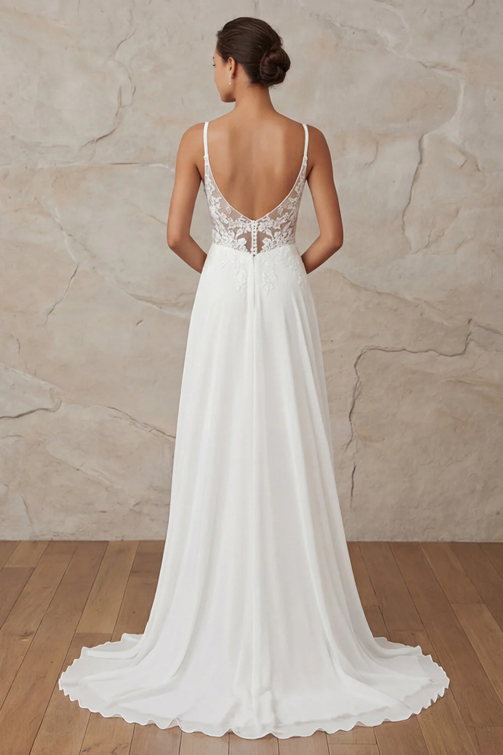 A Line Ivory Spaghetti Straps Lace Sweep Train Wedding Dress - Image 2