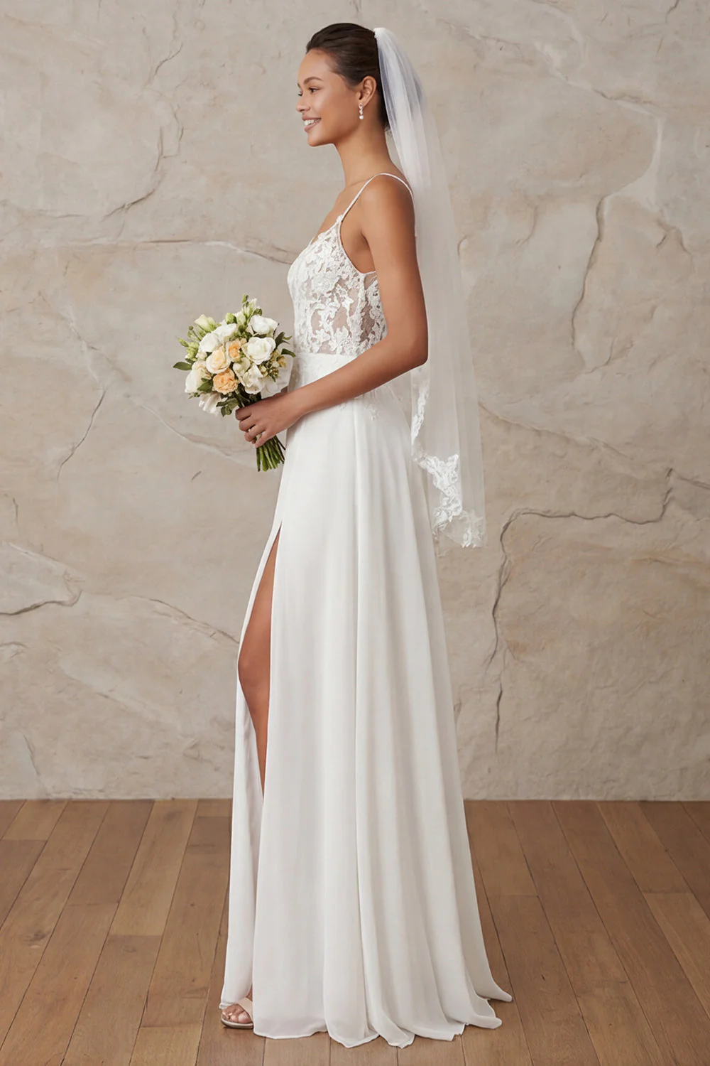 A Line Ivory Spaghetti Straps Lace Sweep Train Wedding Dress - Image 3