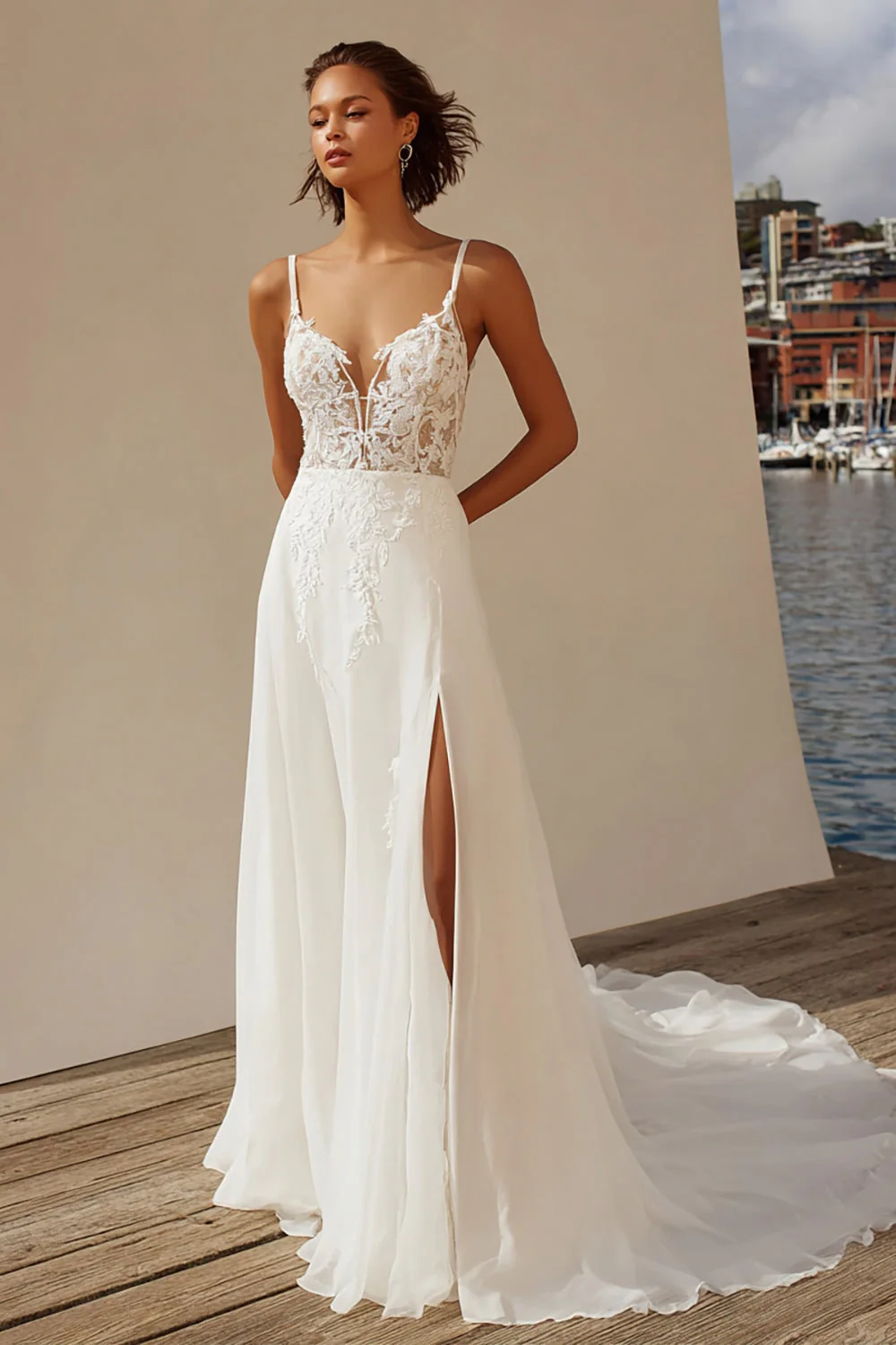 A Line Ivory Spaghetti Straps Lace Sweep Train Wedding Dress - Image 4