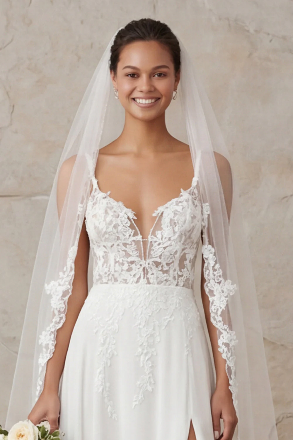 A Line Ivory Spaghetti Straps Lace Sweep Train Wedding Dress - Image 5