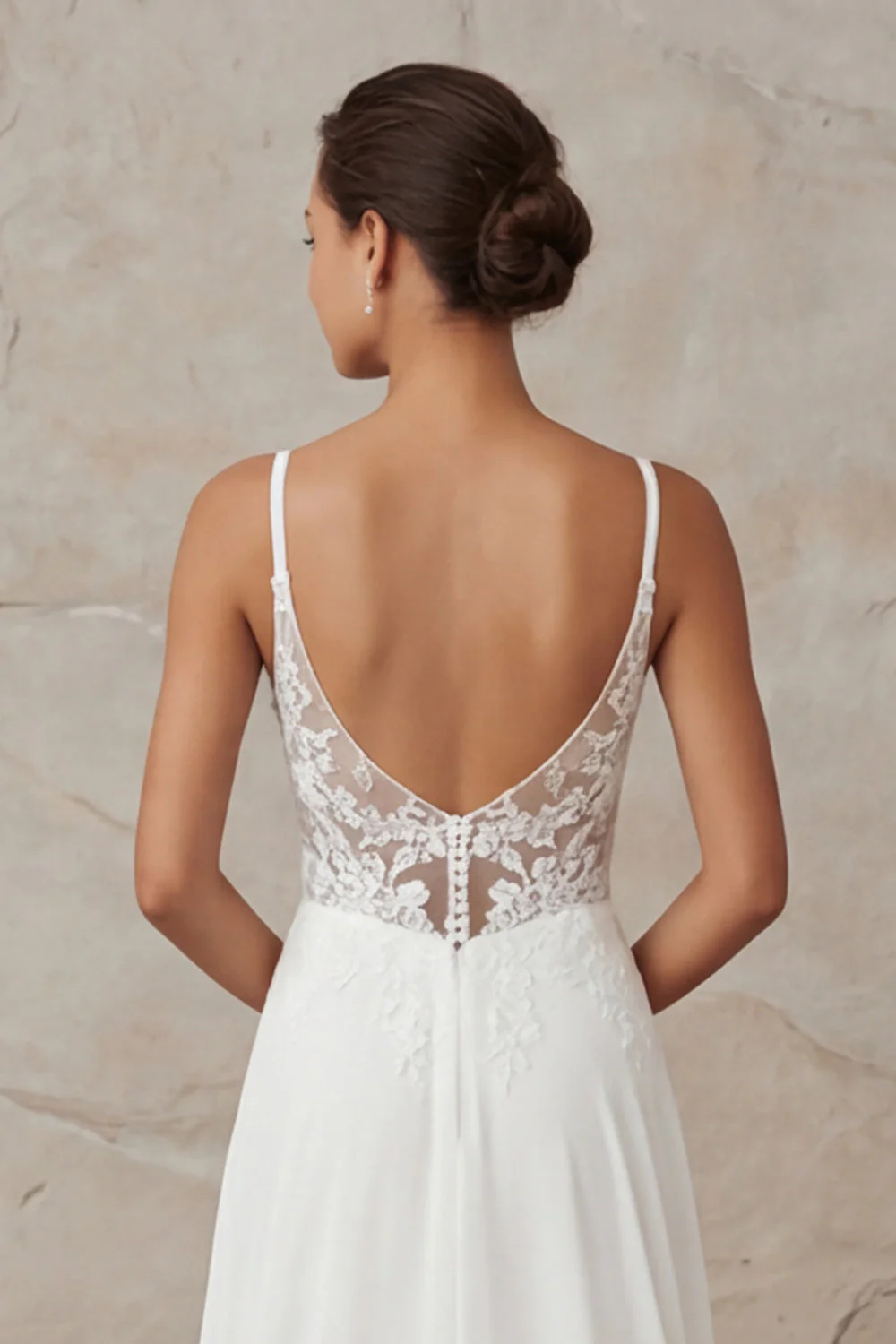 A Line Ivory Spaghetti Straps Lace Sweep Train Wedding Dress - Image 6