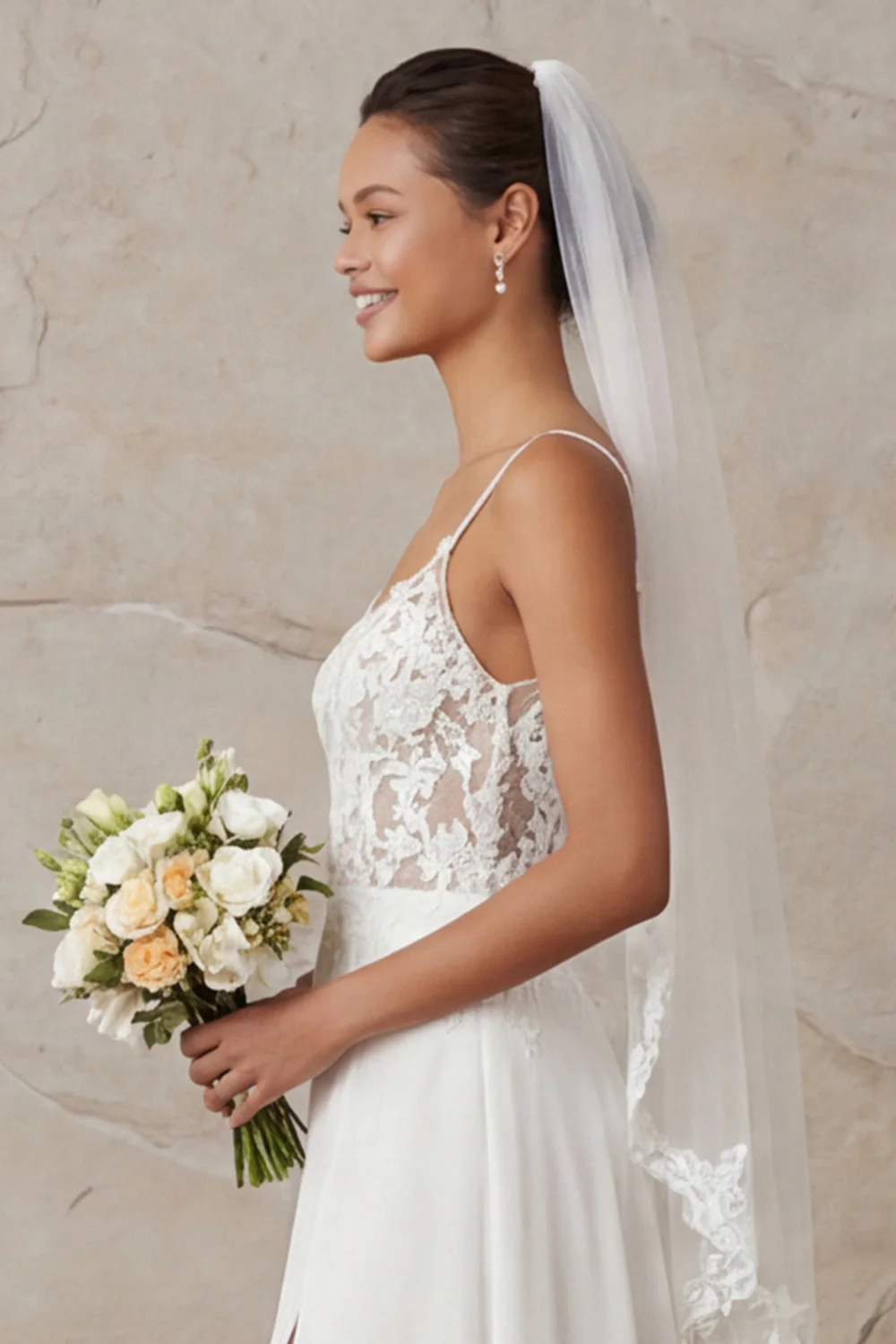 A Line Ivory Spaghetti Straps Lace Sweep Train Wedding Dress - Image 7