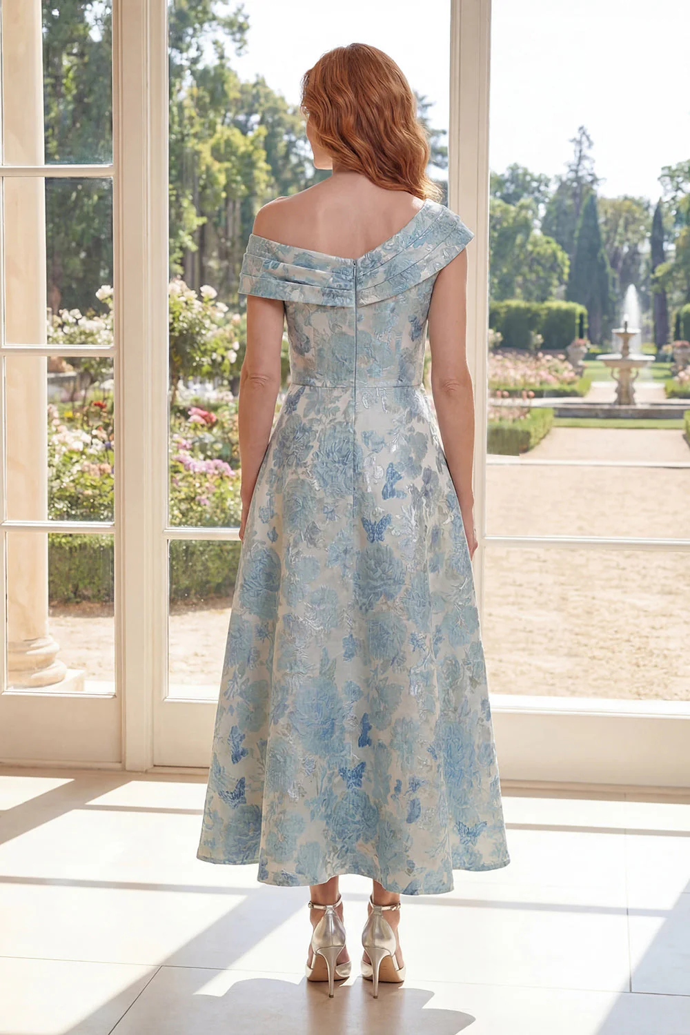 A Line Jacquard Blue z jednym ramieniem Midi Mother Of the Bride - Image 2