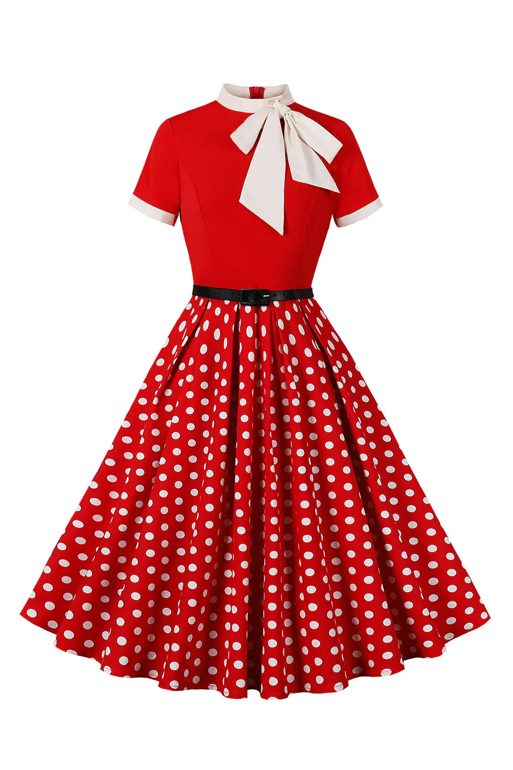 A Line Kropki Krótkie Rękawy 1950 Sukienka Z Paskiem - Image 4