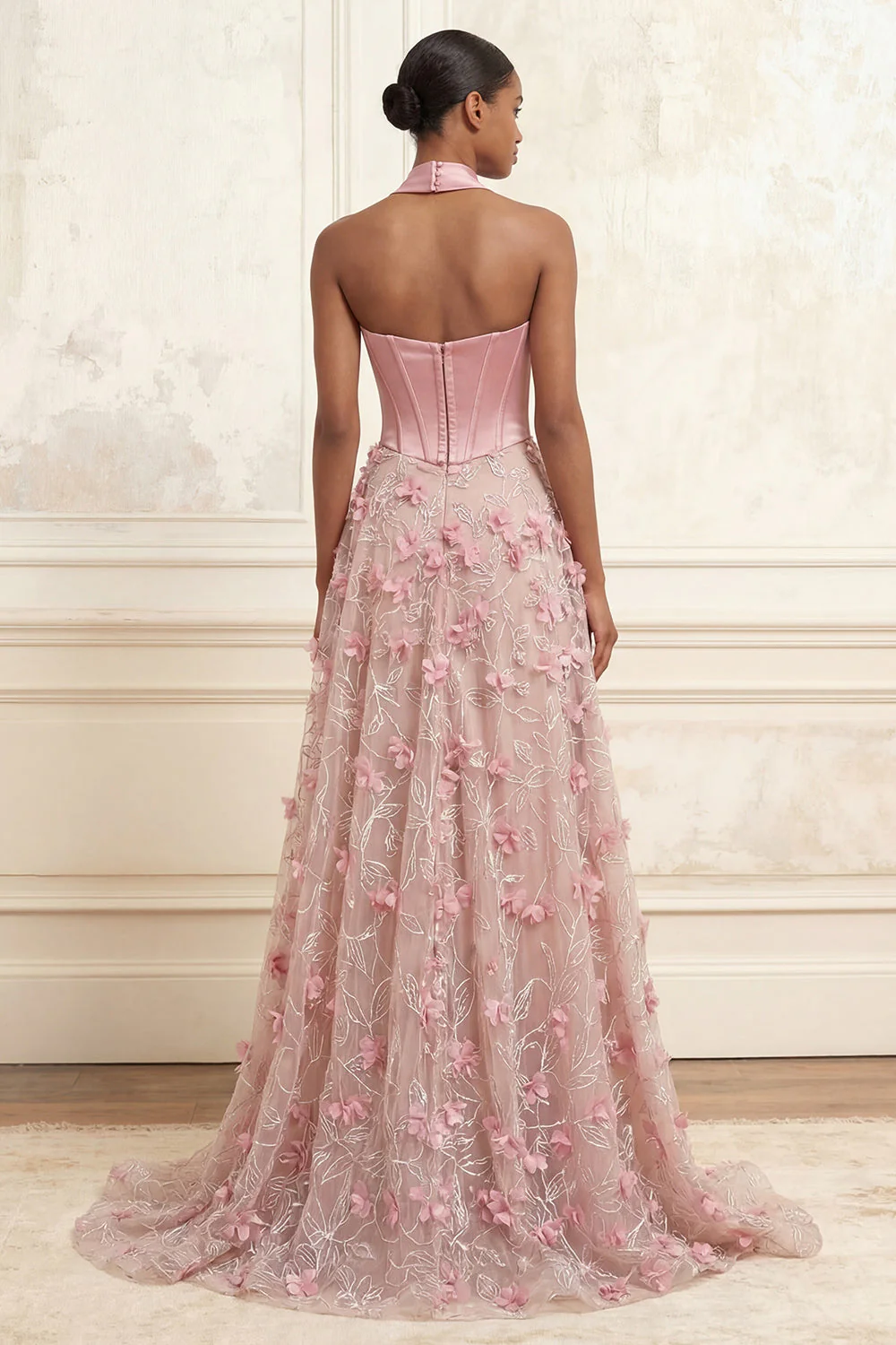A-Line Różowy gorset w sercu, 3D Flowers – długa sukienka na studniówkę z rozcięciem - Image 2