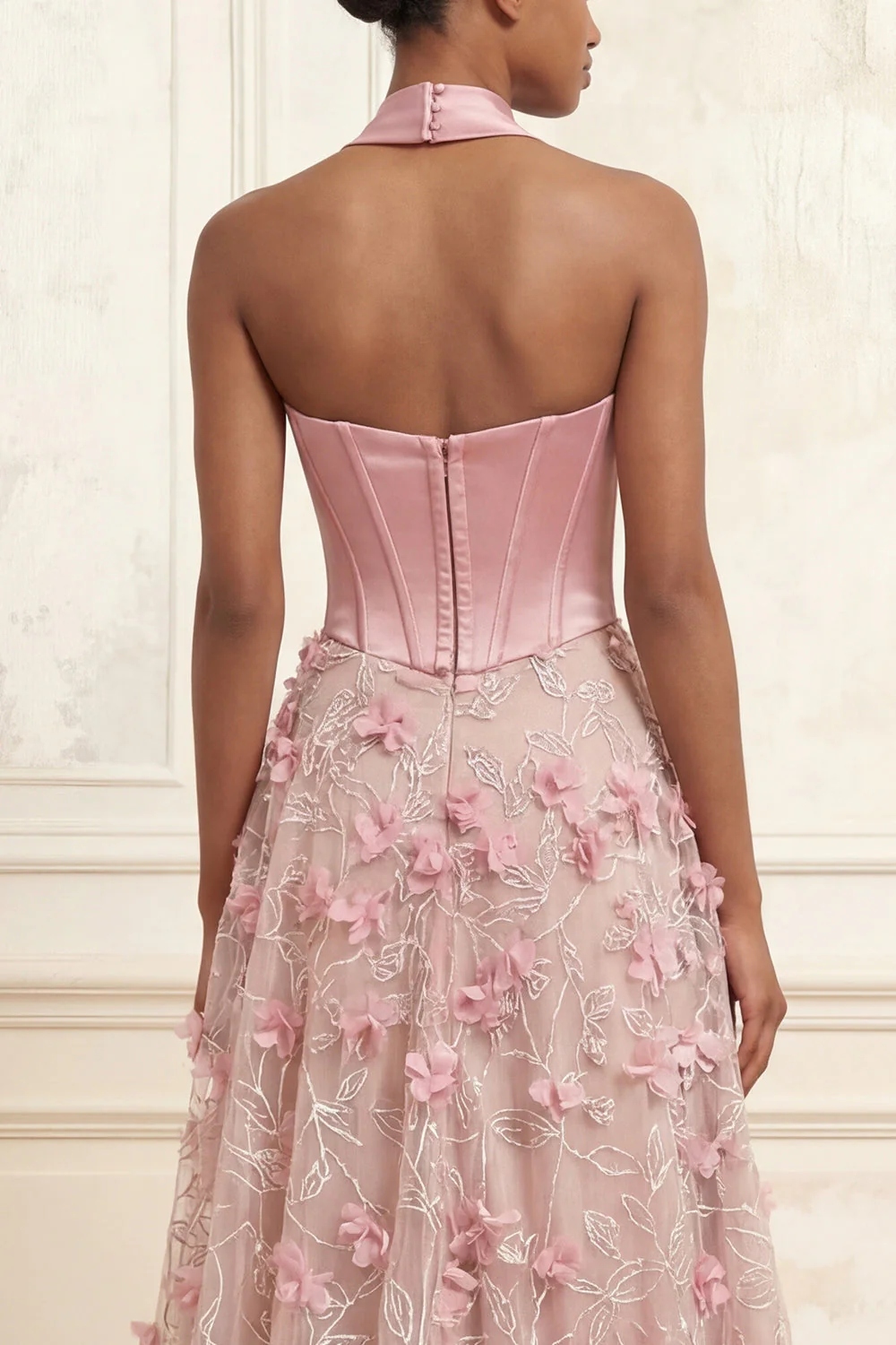 A-Line Różowy gorset w sercu, 3D Flowers – długa sukienka na studniówkę z rozcięciem - Image 4