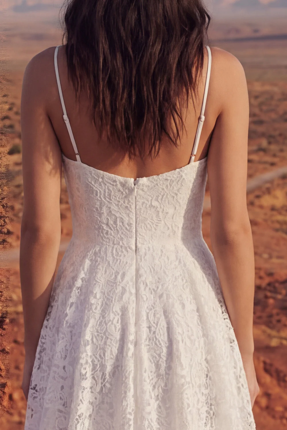A Line Spaghetti Straps, kość słoniowa w kwiatach koronkowa suknia ślubna z wysokim niskim boho - Image 4