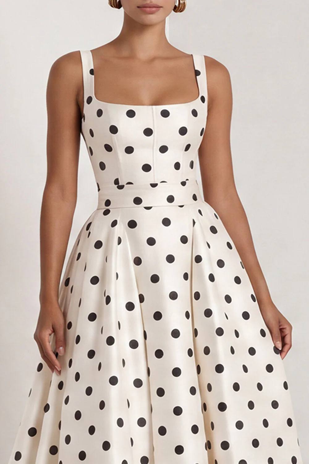 A-linia, satynowa, białe kropki, kwadratowy dekolt, długa sukienka formalna z kokardą - Image 9