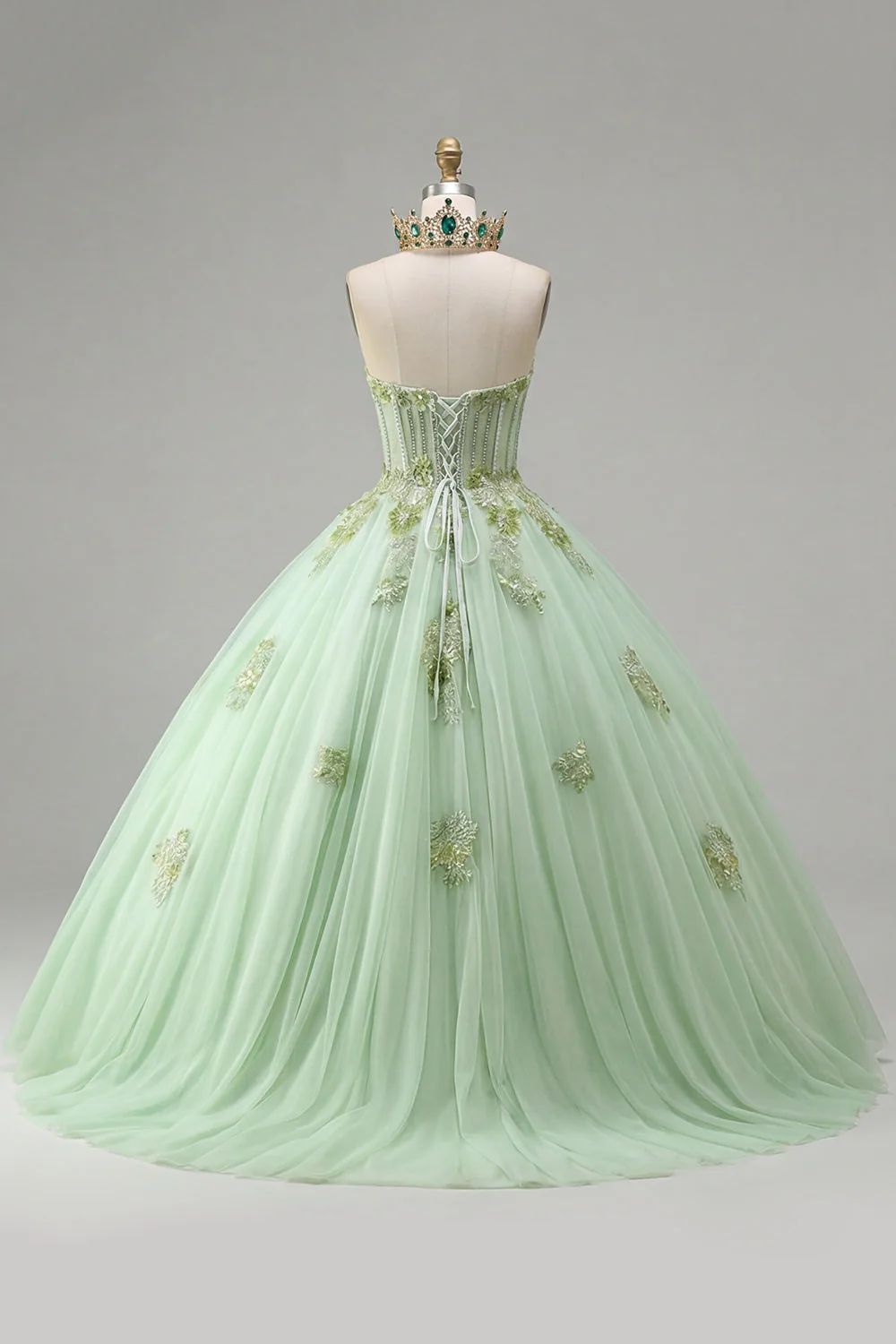 Balowa suknia bez ramiączek gorset Zielona aplikacjowana sukienka Quinceanera - Image 2