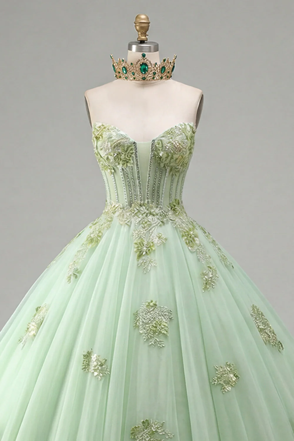 Balowa suknia bez ramiączek gorset Zielona aplikacjowana sukienka Quinceanera - Image 3