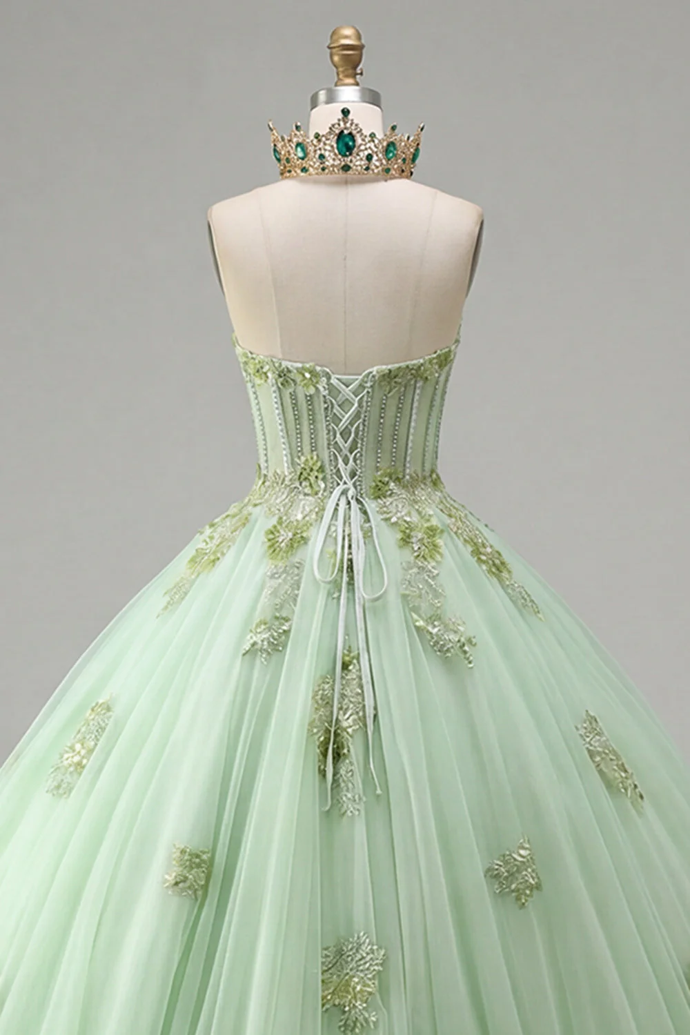 Balowa suknia bez ramiączek gorset Zielona aplikacjowana sukienka Quinceanera - Image 4
