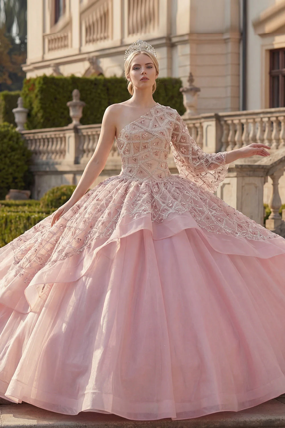 Balowa suknia różowa, z koralikami na jednym ramieniu i falbanami z finałkami Quinceanera - Image 3