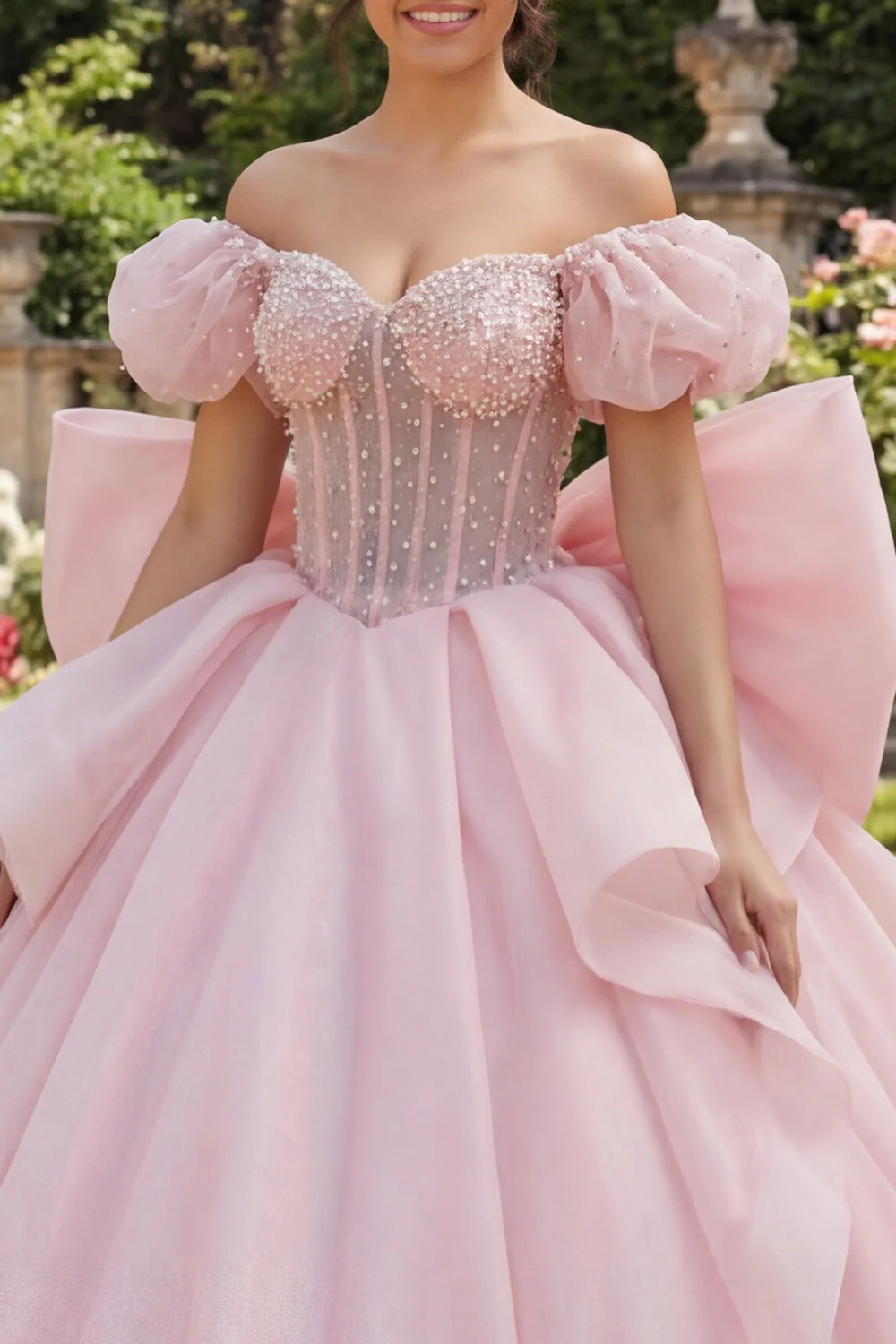Balowa suknia, różowy koralikowy gorset z ramion Quinceanera z dużą kokardą - Image 3
