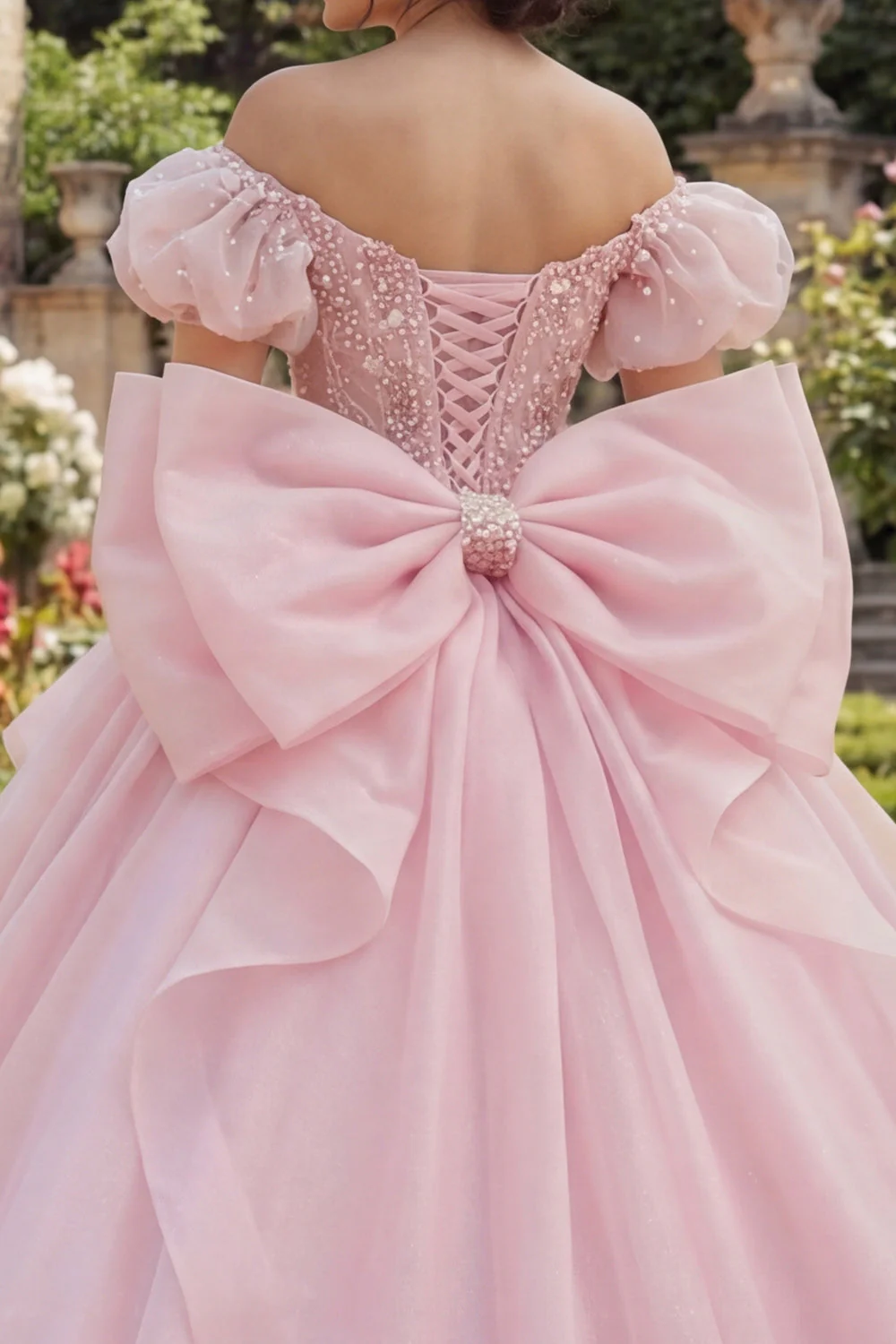 Balowa suknia, różowy koralikowy gorset z ramion Quinceanera z dużą kokardą - Image 4