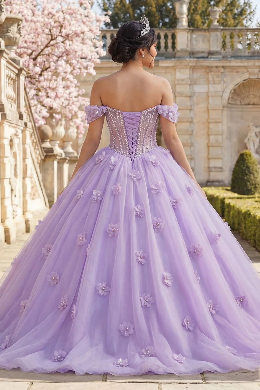 Balowa suknia z opuszczonymi ramionami, filiowa sukienka Quinceanera z kwiatami 3D - Image 2