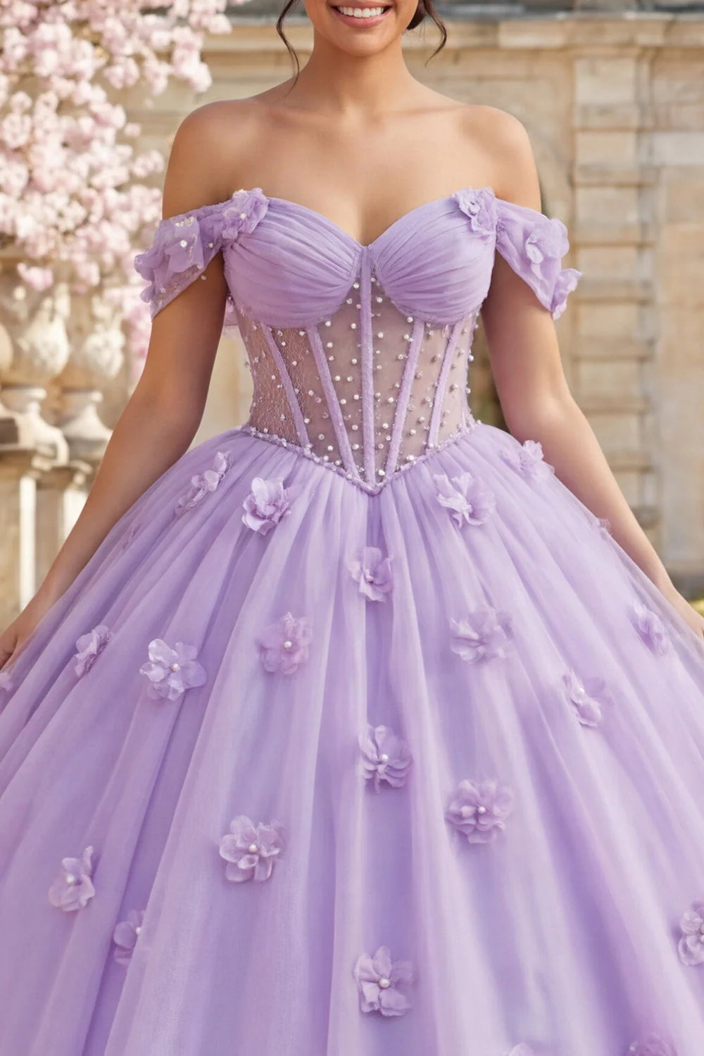 Balowa suknia z opuszczonymi ramionami, filiowa sukienka Quinceanera z kwiatami 3D - Image 3
