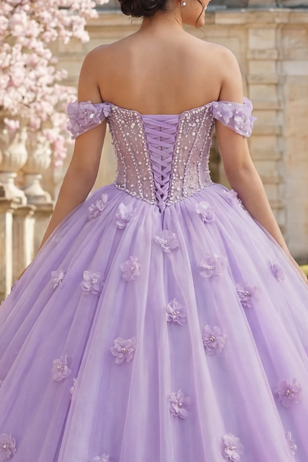 Balowa suknia z opuszczonymi ramionami, filiowa sukienka Quinceanera z kwiatami 3D - Image 4