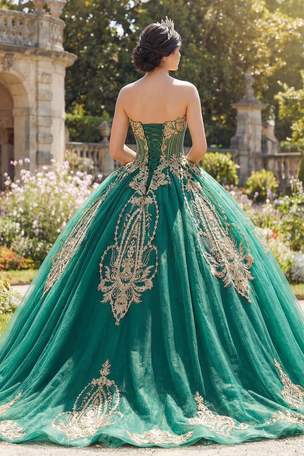 Balowa suknia, zielona sukienka bez ramiączek z aplikacjami z Quinceanera - Image 2