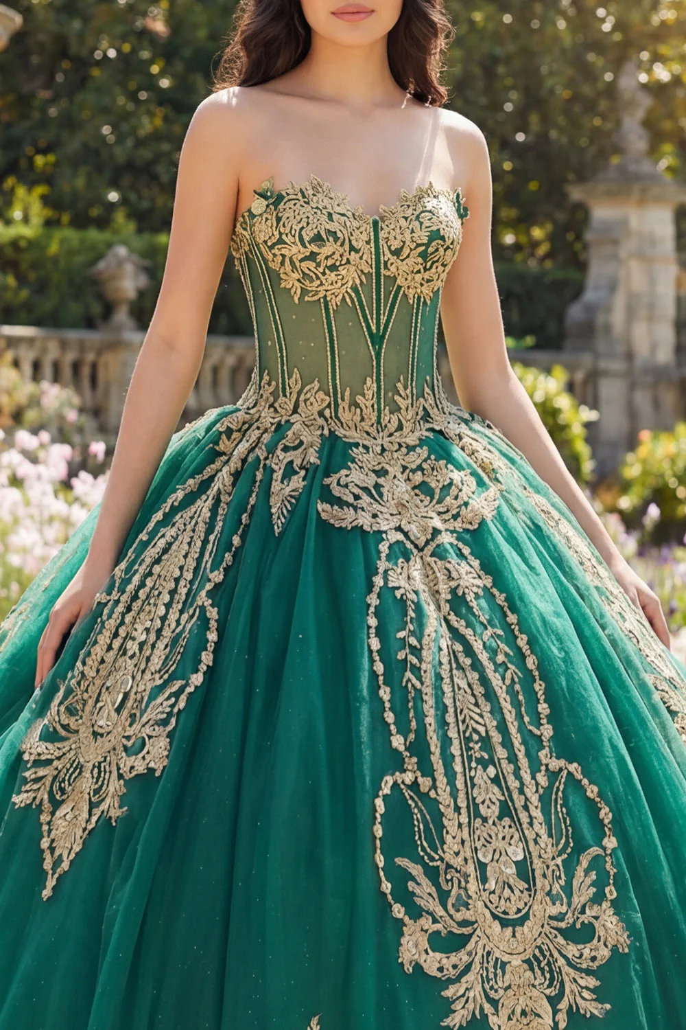Balowa suknia, zielona sukienka bez ramiączek z aplikacjami z Quinceanera - Image 3