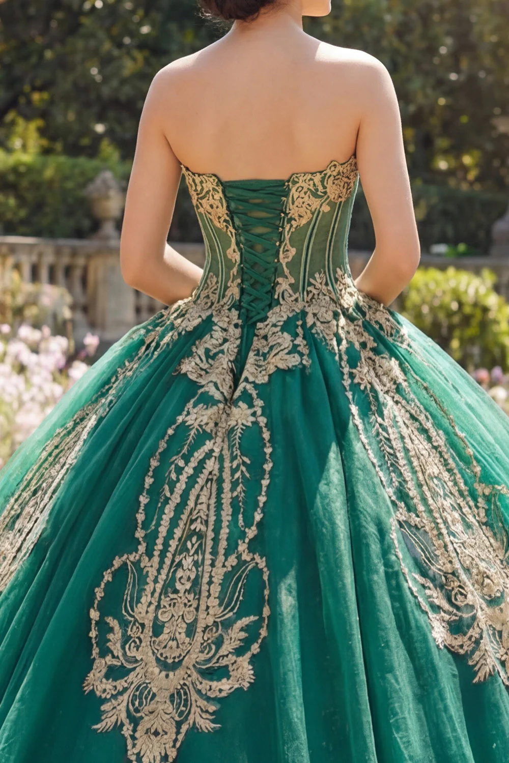 Balowa suknia, zielona sukienka bez ramiączek z aplikacjami z Quinceanera - Image 4