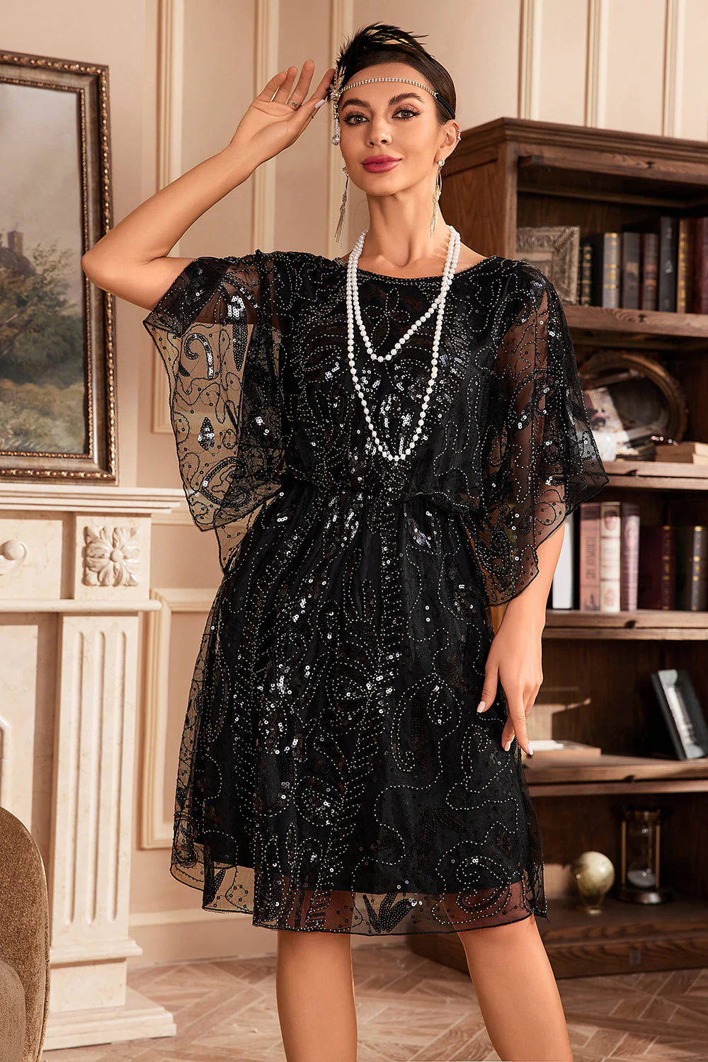 Batwing Rękawy Czarne Cekiny Sukienka Wielki Gatsby - Image 3