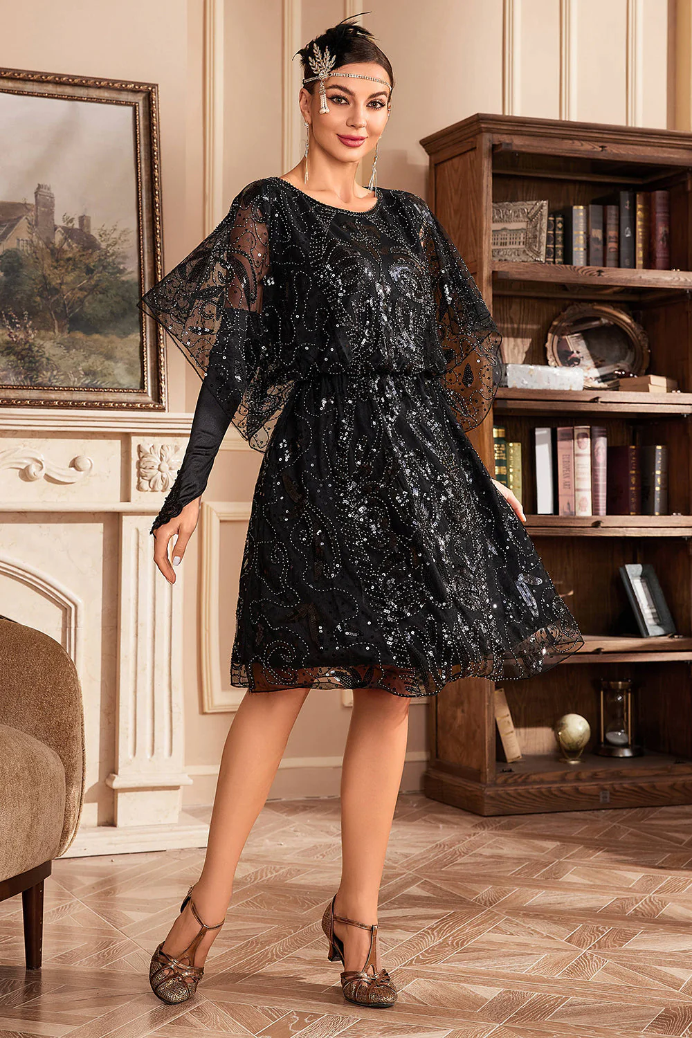 Batwing Rękawy Czarne Cekiny Sukienka Wielki Gatsby - Image 4
