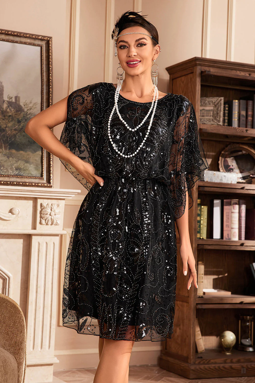 Batwing Rękawy Czarne Cekiny Sukienka Wielki Gatsby - Image 5