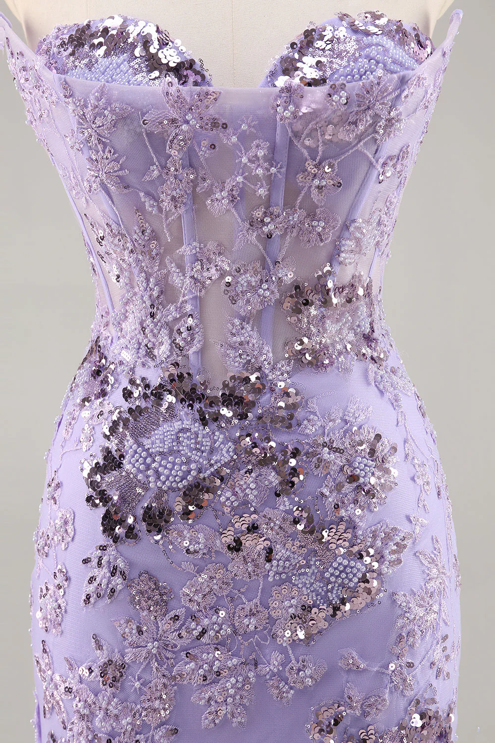 Bez ramiączek z koralikami Bodycon Fioletowa sukienka na powrót do domu z aplikacjami - Image 6