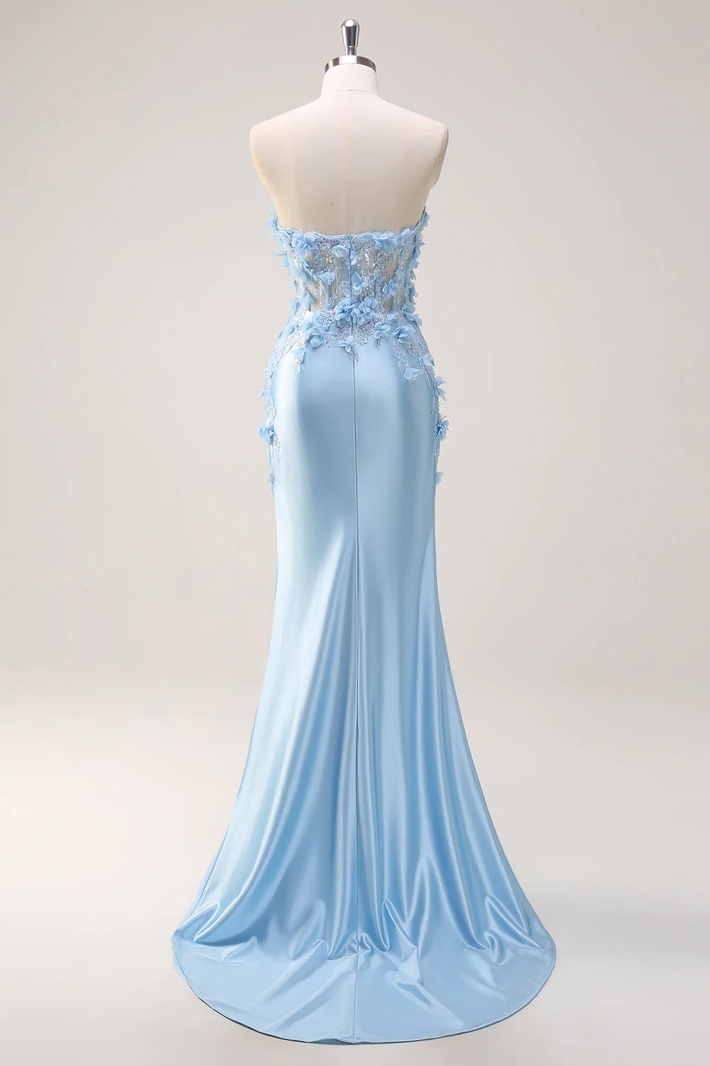 Bezramiączkowa syrena w kolorze niebieska, satynowa plus size długa sukienka na studniówkę z kwiatami 3D - Image 6