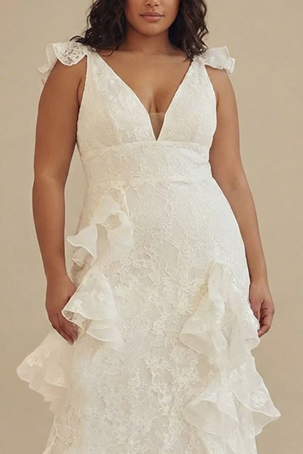 Biała biała sukienka plus size plus size z falbanami w kształcie kroju A i koronką - Image 3