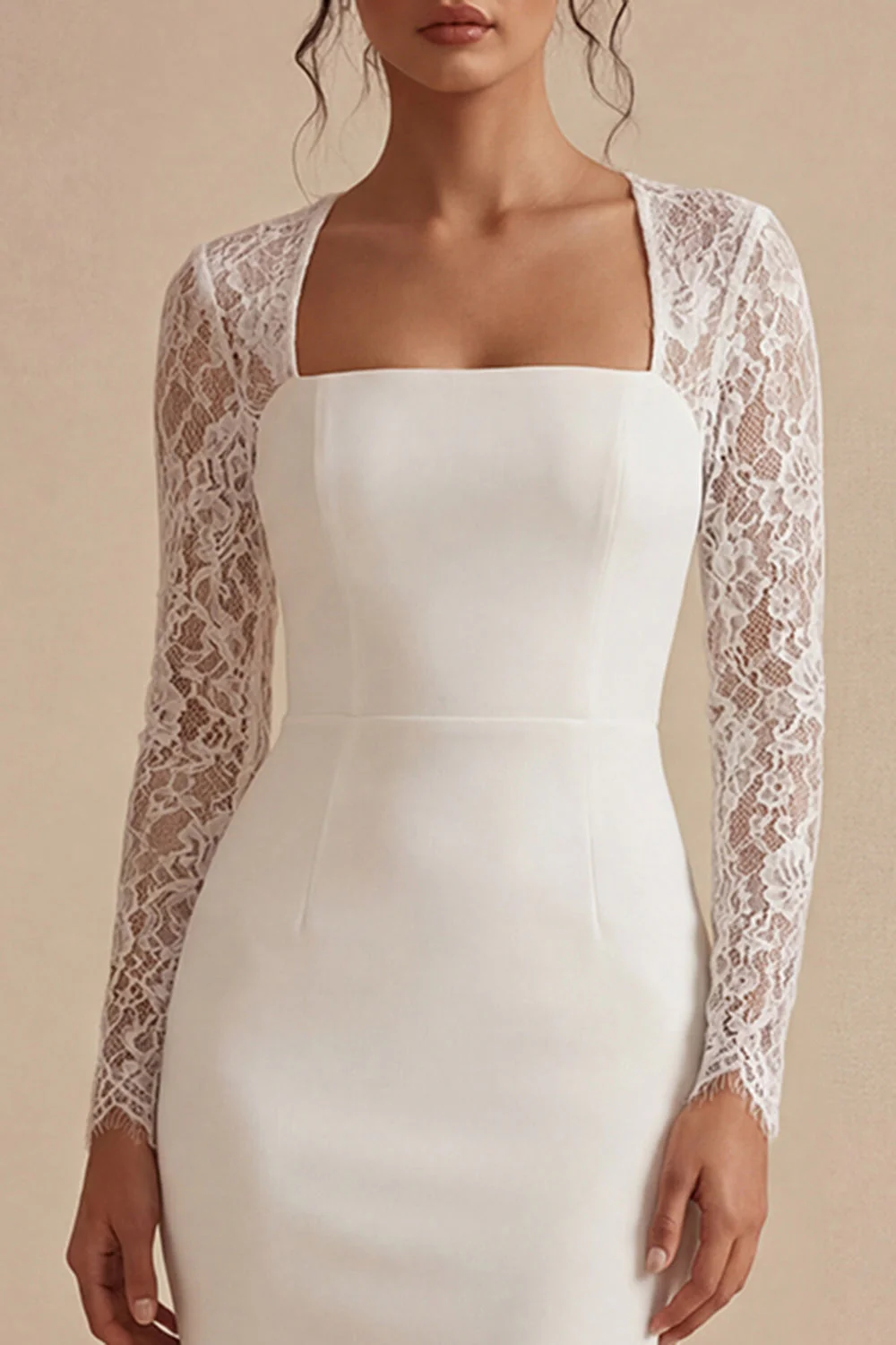 Biała dopasowana suknia ślubna w kwiaty w kształcie Midi Bodycon z koronką - Image 3