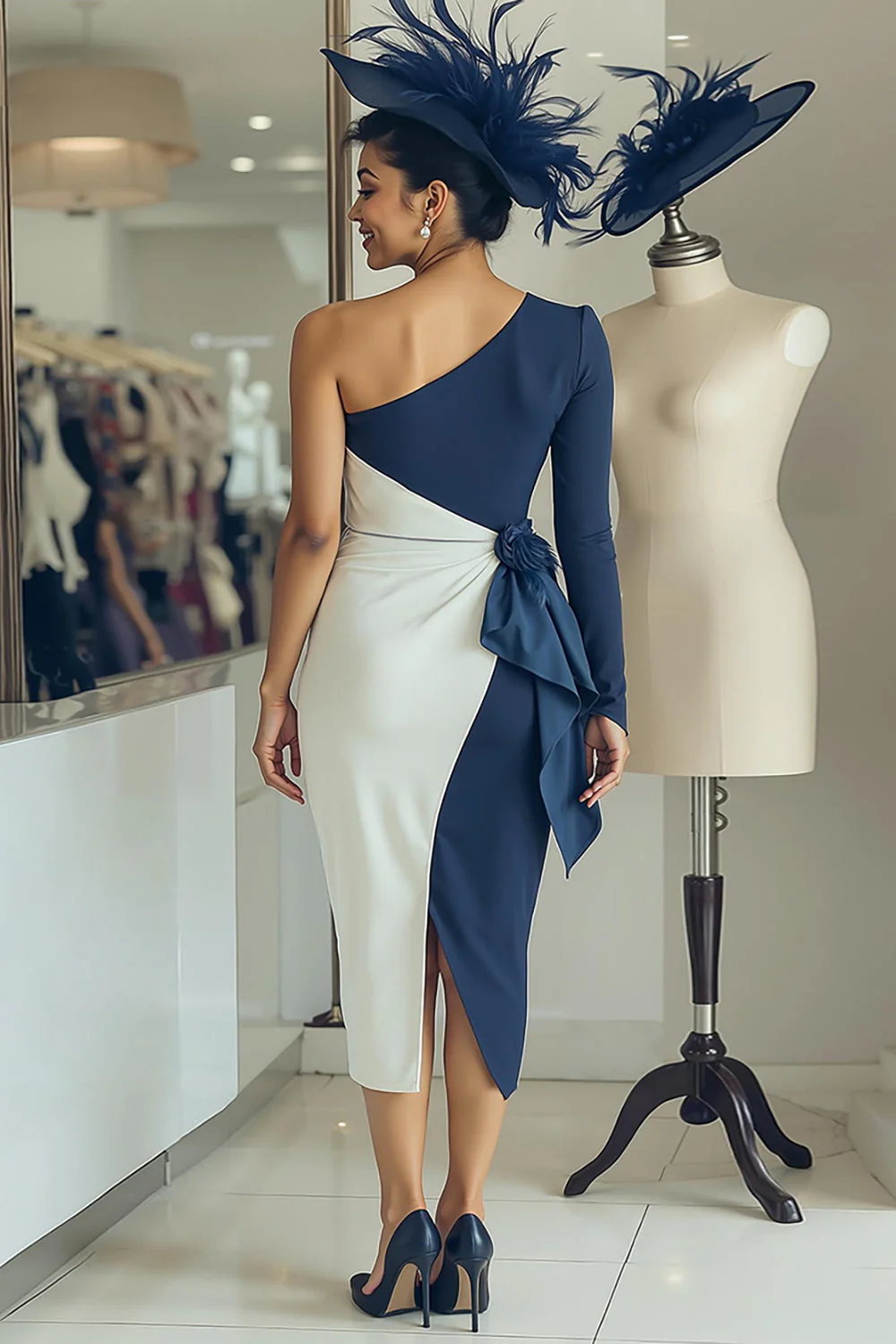 Biała granatowa sukienka bodycon midi na jedno ramię dla matki panny młodej z szarfą - Image 2
