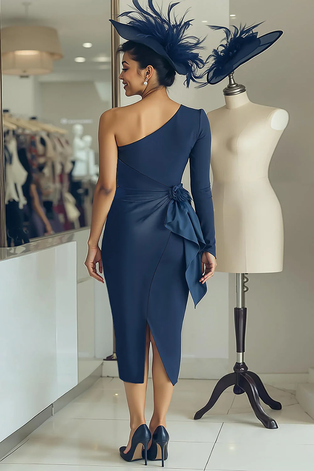 Biała granatowa sukienka bodycon midi na jedno ramię dla matki panny młodej z szarfą - Image 5