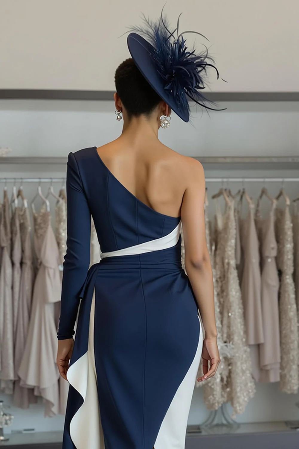 Biała granatowa sukienka bodycon midi na jedno ramię dla matki panny młodej z szarfą - Image 4