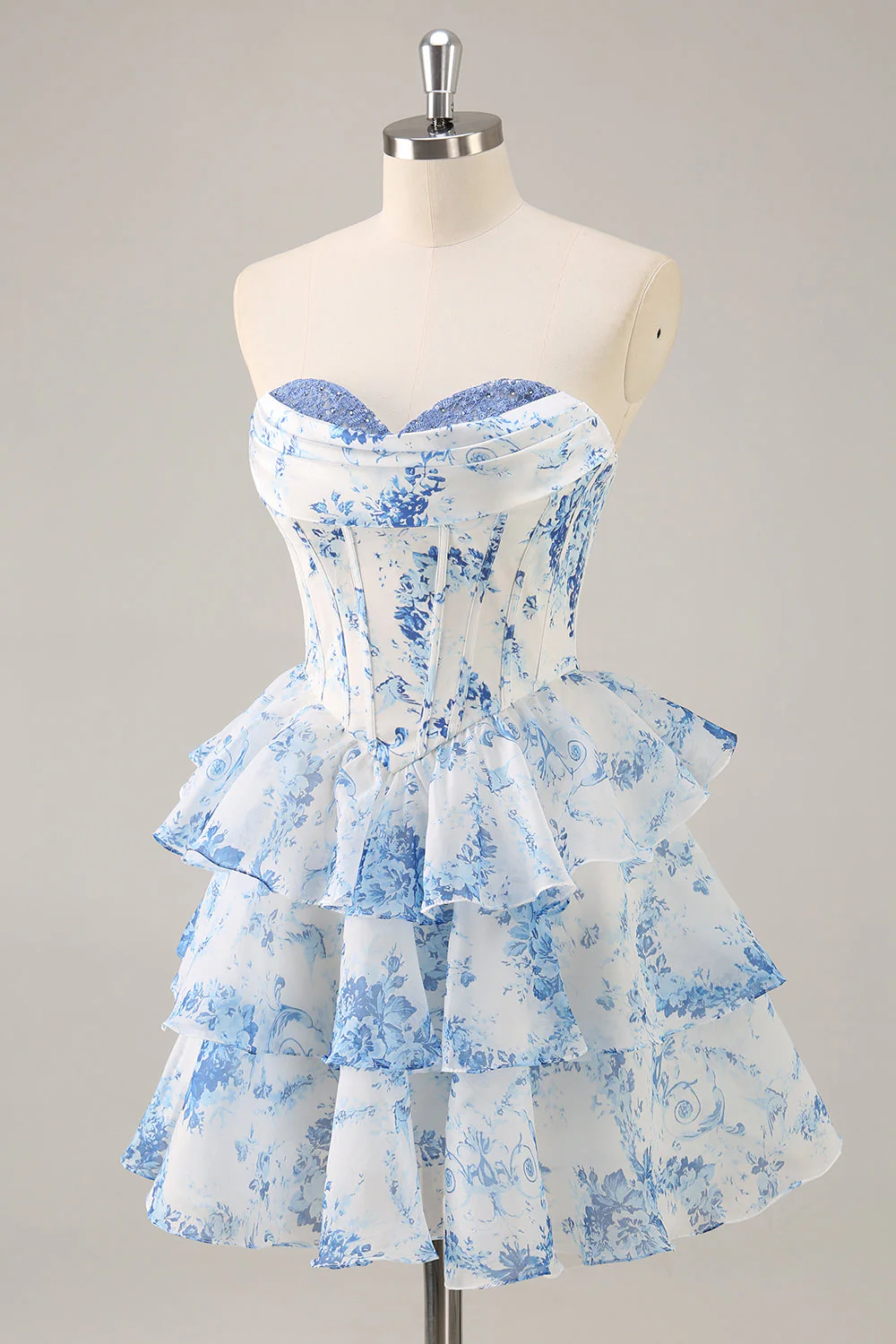 Biała Niebieska Kwiatowa Gorset Warstwowa Krótka Sukienka Na Powrót Do Domu - Image 3