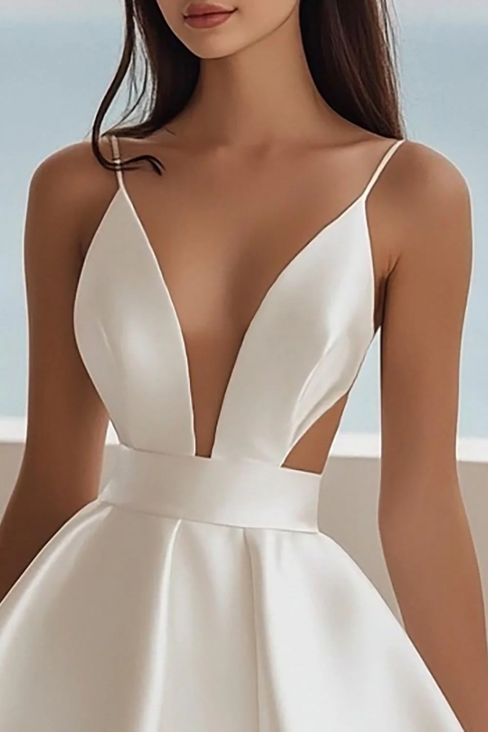 Biała satynowa sukienka z dekoltem w szpic - Image 2