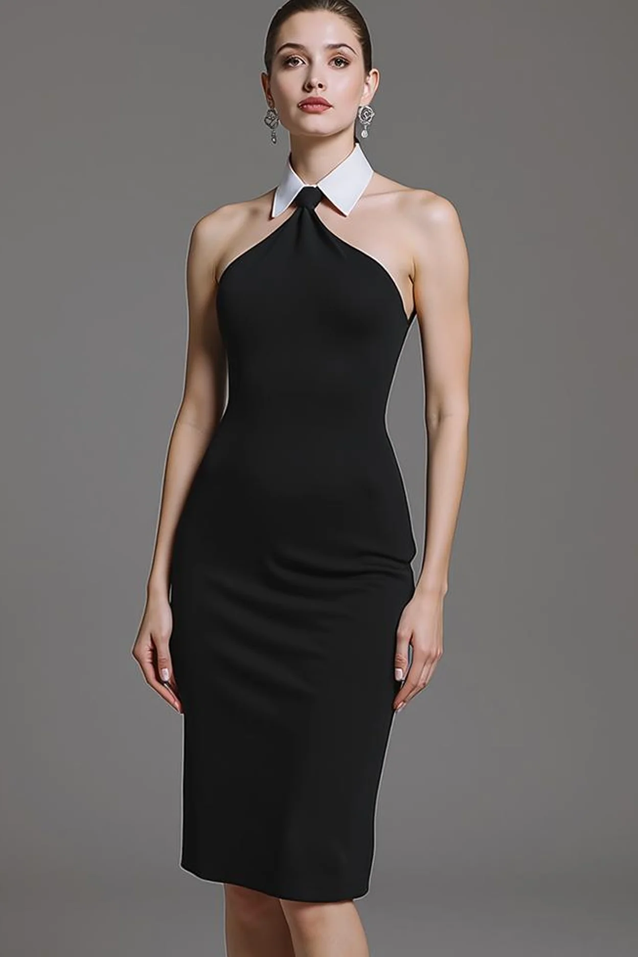 biała sukienka koktajlowa z kołnierzem na szyję bodycon - Image 3