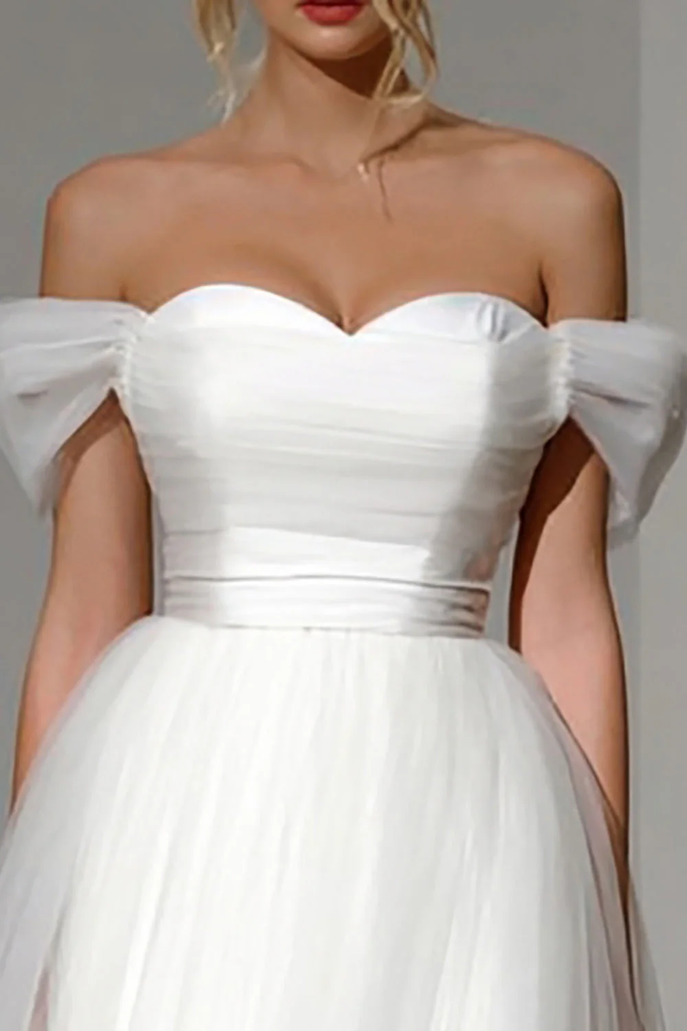 Biała sukienka ślubna Midi Off The Shoulder A Line - Image 2